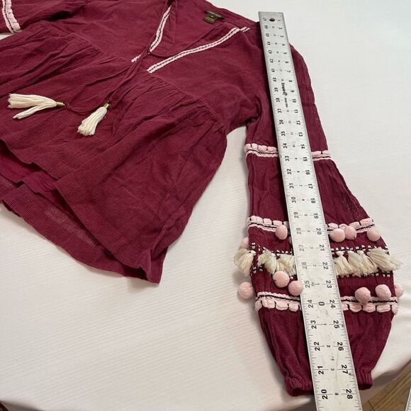 Anthropologie Vineet Bahl Pom Pom Burgundy Tunic Top Size Medium - Picture 9 of 11